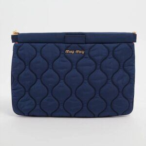 Miu Miu Logo Nylon Quilted Pouch Navy Blue